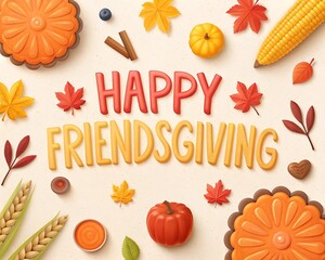 Happy friendsgiving celebration with autumn harvest elements and festive typography