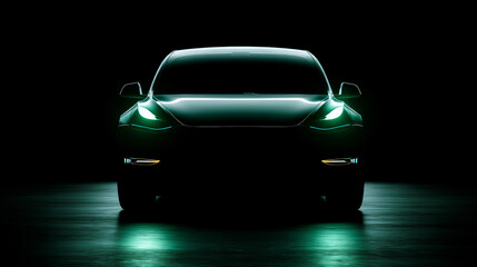 Black modern car headlights - front view. Silhouette of black sports car with headlights on black background in furry style.
