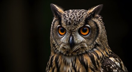 Fototapeta premium Close-up of a Detailed Brown and Cream Owl with Bright Orange Eyes in Dark Background