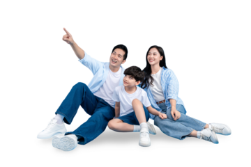 A Family's Joyful Moment of together , A group of three people including father ,mother and son smiling happily while looking in one direction on PNG background
