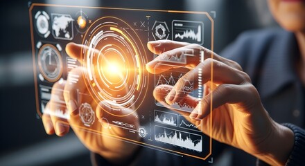 Person interacting with futuristic holographic interface displaying charts and data, emphasizing technology and innovation.