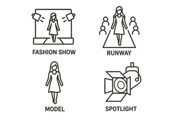 Fashion show elements: runway, spotlight, model icons for design