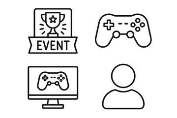 Gaming event icons: trophy, controller, screen, user avatar outline