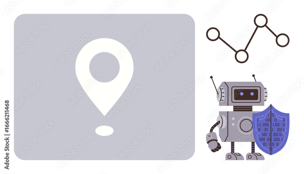 Leinwandbilder robot holding shield with binary code, geolocation pin, connected data graph. ideal for cybersecurit