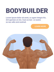 Bodybuilder muscular man flexing back muscles fitness strong male showing biceps isolated on white background website banner