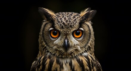 Closeup of a Detailed Owl with Vibrant Orange Eyes and Intricate Feather Patterns in Dark Background