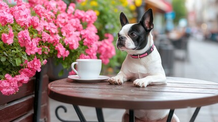 international dog day. A dog sitting at a table beside vibrant pink flowers.