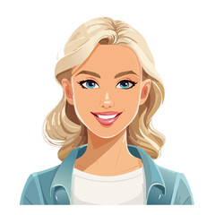 Blonde woman portrait illustration smiling with blue eyes in casual denim jacket against a black background character design