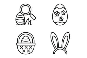 Easter symbols: eggs, basket, bunny ears, magnifying glass line art