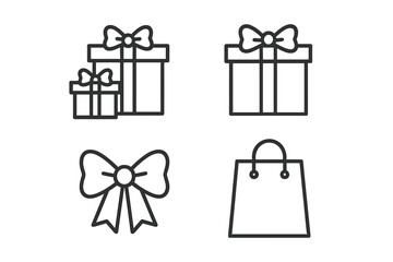 Gift boxes, ribbons, and shopping bag icons in minimalist line art