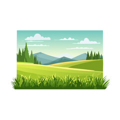 Obraz premium Green hills landscape illustration with grass, mountains, trees, and cloudy sky in flat vector design