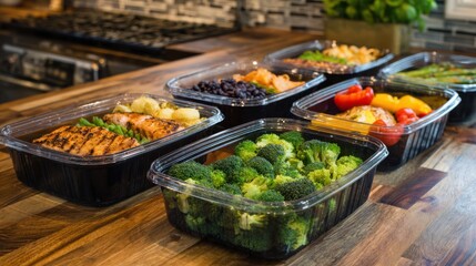 Fototapeta premium Healthy Meal Prep with Grilled Salmon and Fresh Vegetables on Display