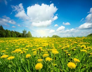 Fototapeta premium Beautiful meadow field with fresh grass and yellow dandelion flowers in nature against a blu.jpg