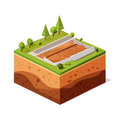 Isometric Garden Soil Cross Section with Plants and Fence Detailed Illustration