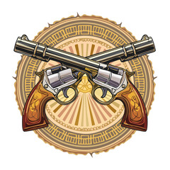 Crossed revolvers vector illustration with sunburst and ornamental circle on black background