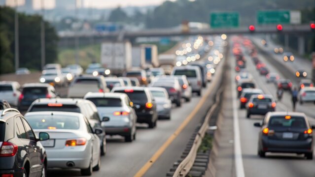 Cars stuck in heavy traffic on busy highway &mdash; commuters facing slow drive and congestion