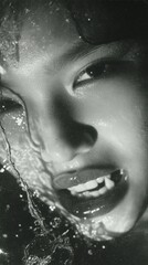 Sexy Vampire Woman lips with blood,Dripping blood on mouth, witches or beast creatures,female lips with fangs,horror holiday monsters,Vampire makeup Fashion Art design,Halloween banner background.