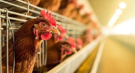 Brown Hen in Cage with Red Comb and Wattles, Farmed Poultry in Rows