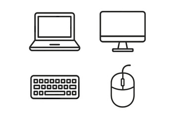 Outlined icons of laptop, monitor, keyboard, and mouse for digital technology design