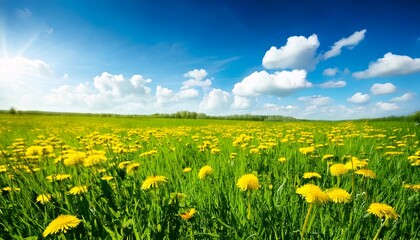 Fototapeta premium Beautiful meadow field with fresh grass and yellow dandelion flowers in nature against a blu.jpg