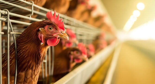 Brown Hen in Cage with Red Comb and Wattles, Farmed Poultry in Rows