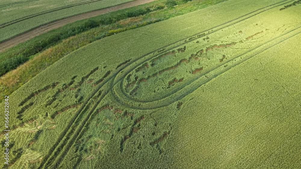 Poster aerial view of a green grain field with visible tractor tracks curving through the crops in the summ