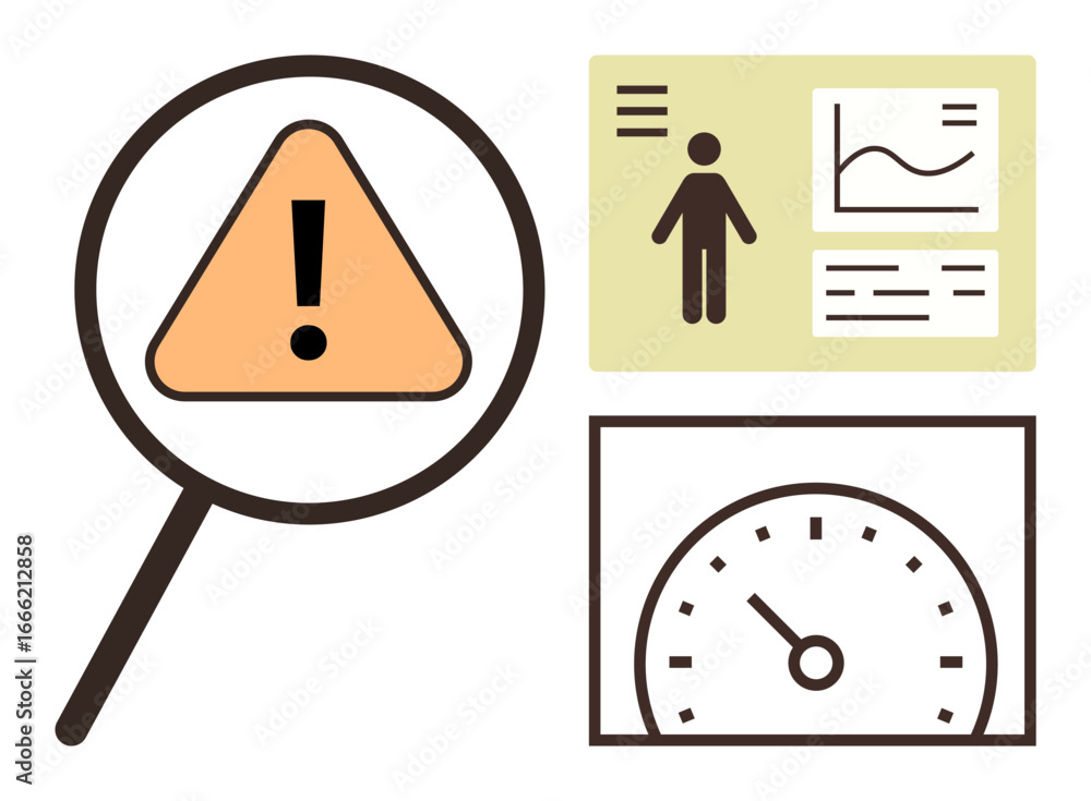 Poster magnifying glass highlighting warning sign, adjacent data dashboard, speedometer gauge. ideal for ri