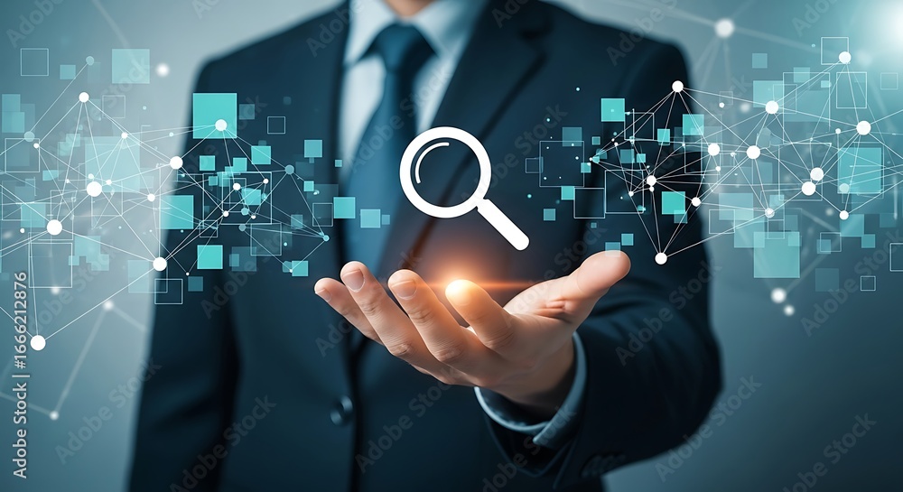 Poster businessman holding a magnifying glass icon representing search and data analysis in a digital netwo