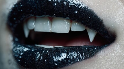 Obraz premium Sexy Vampire Woman lips with blood,Dripping blood on mouth, witches or beast creatures,female lips with fangs,horror holiday monsters,Vampire makeup Fashion Art design,Halloween banner background.