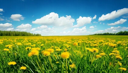 Obraz premium Beautiful meadow field with fresh grass and yellow dandelion flowers in nature against a blu.jpg