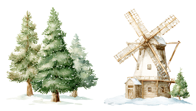  two watercolor illustrations of christmas-themed windmill clip art, one with green trees and the other with white snow on a transparent background.