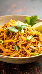 A flavorful dish of stir-fried noodles, topped with fresh herbs and a hint of lime, served in a rustic bowl.