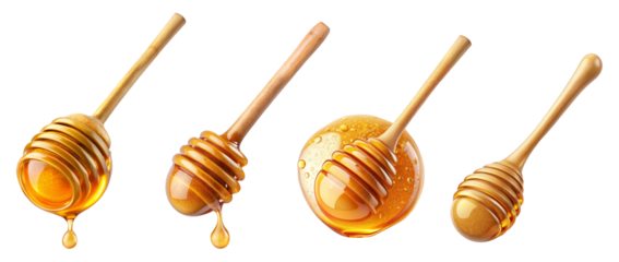 Wooden Honey Dippers with Dripping Golden Honey on Transparent Background for Food Packaging, Organic Product Design, and Culinary Branding