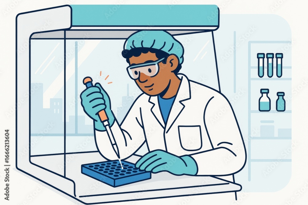 Poster scientist working in laboratory with pipette and test tubes under sterile fume hood on abstract ligh