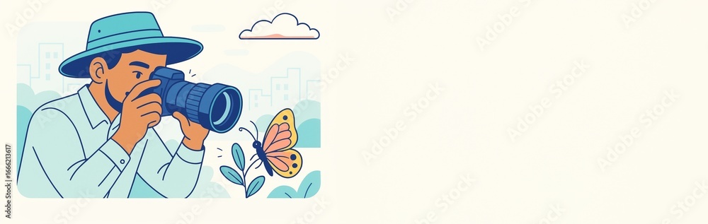 Poster man photographing butterfly with camera wearing hat in nature, left aligned illustration with blank 