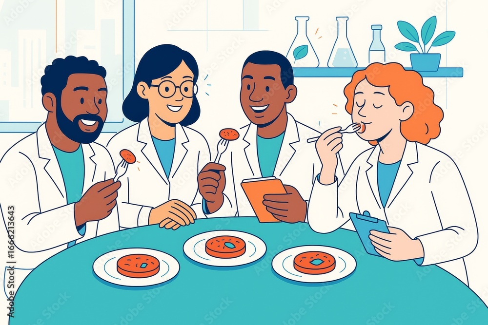 Aufkleber scientists in lab coats tasting food samples while seated at round table in laboratory setting with 