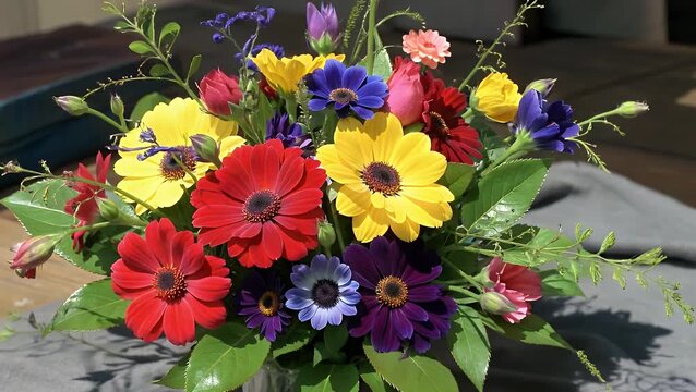 filmed ultra sharp 4k quality this joyful video presents a beautifully arranged bouquet of flowers a wide range of vibrant shapes colors symbolizing harmony celebration freshness the