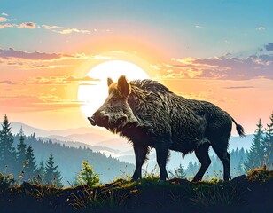 Majestic wild boar stands sentinel against a vibrant sunrise over a misty mountain range.