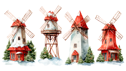 two watercolor illustrations of christmas-themed windmill clip art, one with green trees and the other with white snow on a transparent background.