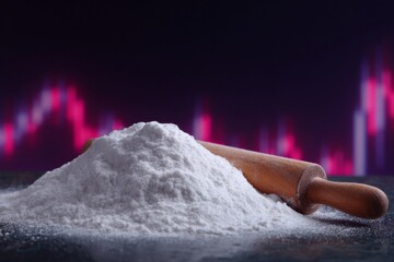 Flour mountain with wooden rolling pin, whispers of stock market curves, finance fusion baking, World Porridge Day flair