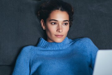 Serene Latina woman in a cozy azure sweater pensively working on a laptop, embodying a quiet Dia de los Muertos reflection