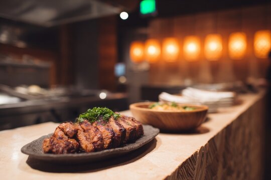 Grilled steaks glisten atop rustic stoneware with parsley flourish, evoking culinary opulence and hearty conviviality for Steak and Whiskey Day soirees