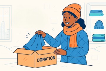 Woman donating winter clothing into a box with warm smile in cozy indoor setting with light background and abstract shelving details. Ai generative