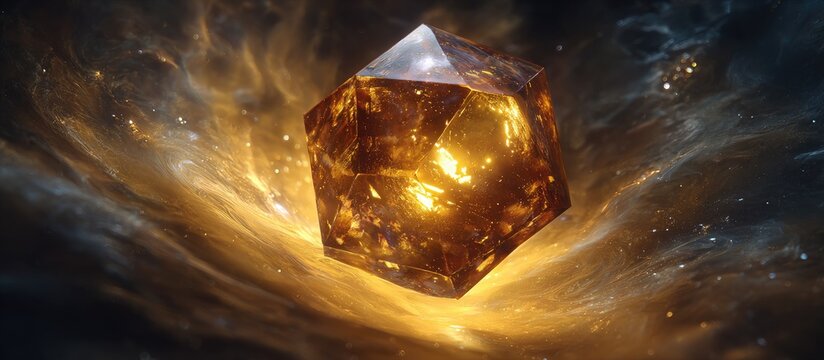 Illuminated, multifaceted golden crystal suspended in swirling, ethereal nebula