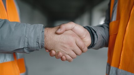 Two construction workers, Caucasian and Latino, cement trust in neon vests, celebrating International Workers' Day and camaraderie's silent pact
