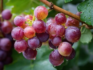 Fototapeta premium Dew-Kissed Grapes: Plump and Juicy Cluster on Lush Green Vines