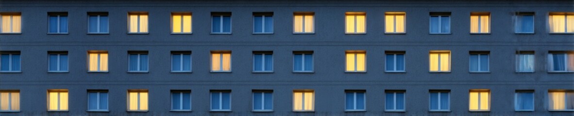 Fototapeta premium Silent urban symphony, glowing windows dance in synchronized twilight rhythm, embracing the spirit of Obon and Walpurgis Night