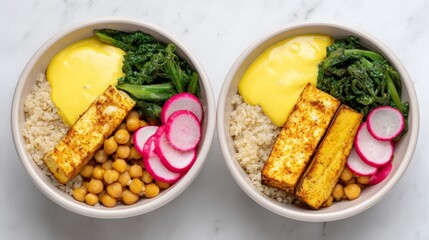 Golden turmeric tofu nestled amid vibrant radishes celebrates Veganuary's mindful feast and Persian Sizdah Be-dar's renewal spirit