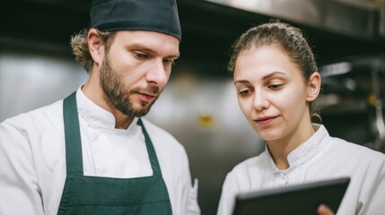 Intense culinary collaboration unfolds as a Caucasian man and woman, donned in chef whites, plan for Lunar New Year feast