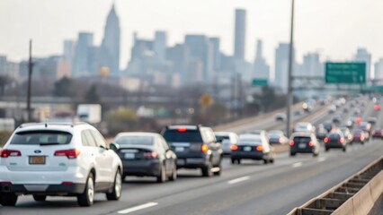 Traffic jam on multi-lane highway — cars moving slowly under city skyline